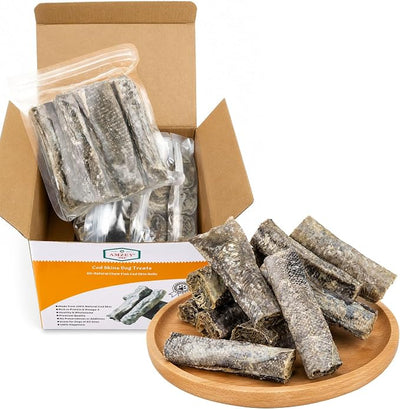 Amzey Cod Skin Dog Treats 24 OZ, High Protein Fish Skin Rolls Rich in Omega-3, 100% Natural Dried Fish Dog Chews for Teeth Cleaning, Pack of 4 Resealable Bags