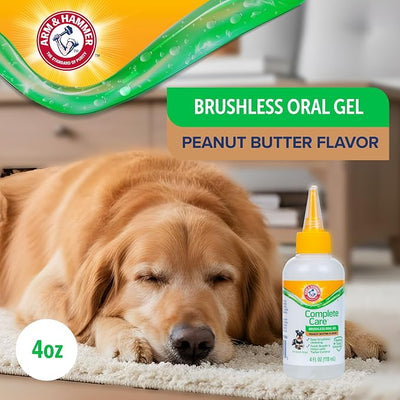 Arm & Hammer Complete Care Brushless Oral Gel for Dogs, Peanut Butter Flavor, Rub-On No-Brush Dog Toothpaste, Baking Soda Enhanced for Fresh Breath and Tartar Control, 4 Fl Oz