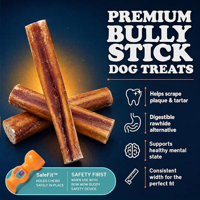 Bow Wow Labs SafeFit™ Bully Sticks for Dogs - 100% All Natural Beef Sticks, Grass-Fed, Low Odor, Long Lasting Dog Chews, Dog Chew Treats, Bully Stick for Small, Medium, Large Dogs - 12" Thick 10 Pack