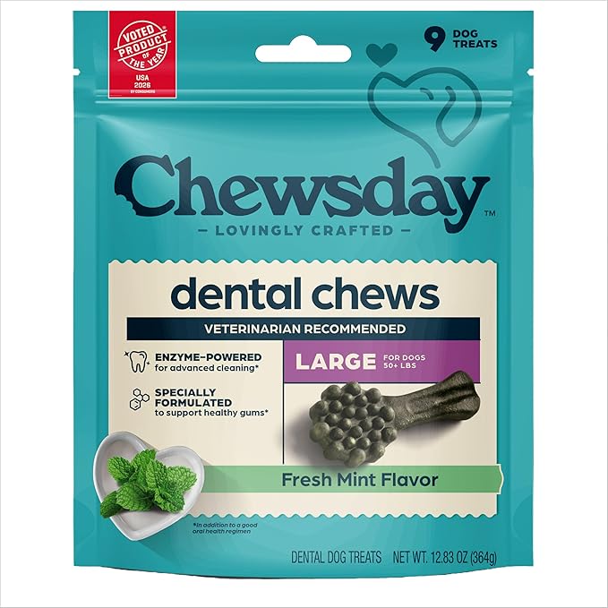 Fresh Mint Flavor Dental Chews, Large Dog Treats, Healthier Teeth and Fresher Breath, Enzyme Powered for Advanced Cleaning, Made in the USA, 9 Count