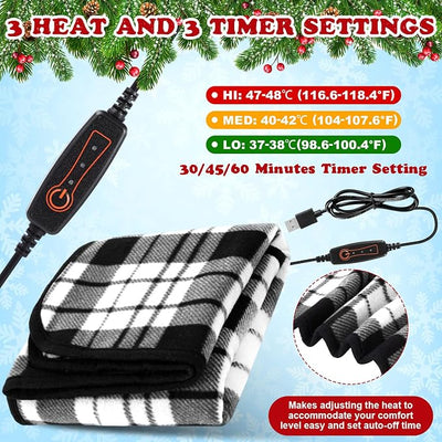 Tuanse 2 Pcs USB Heated Blanket 25"x35" Small Portable 5v 3 Setting Electric Blanket with Timer and Temperature Controller Winter Wearable Recharge Throw for Travel Home(White and Black Stripes)