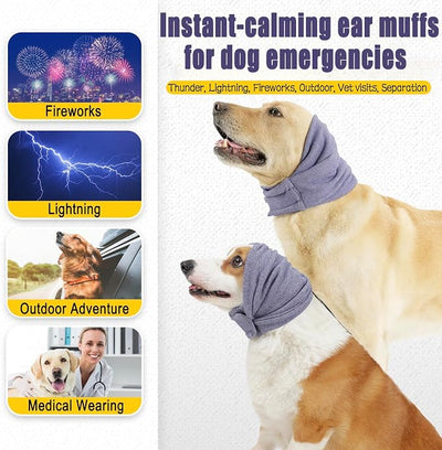 Meifsou Quiet Ears for Dogs - Adjustable Ear Covers for Noise, No Shake Dog Head Wrap, Dog Calming Hood for Thunder, Lightning, Fireworks, Vet Visits, Polyester and Stretch Cotton Blend, Purple L
