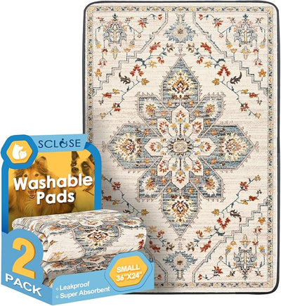 SCLOSE Washable Pee Pads for Dogs 2 Pack, 36" x 24" Reusable Puppy Pads Waterproof, Super Absorbent Dog Rugs, Leakproof, Dog Crate Pad, Playpen Mat, Whelping Pads, White Medallion