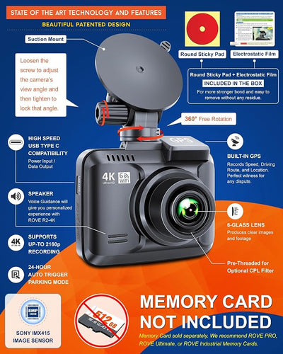 ROVE R2-4K Dash Cam, 4K UHD 2160P Car Camera with 8MP CMOS Sensor, Built-in WiFi 6 and GPS, Dash Camera For Cars with 2.4" Screen, Super Night Vision, 150" Wide Angle, Parking Mode, Supports 512GB Max