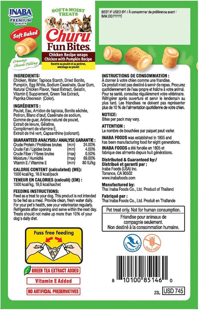 INABA Churu Fun Bites for Dogs, Soft & Chewy Baked Chicken Wrapped Filled Dog Treats with Vitamin E, 0.42 Ounces per Tetra, 8 Tetras per Box, Chicken with Pumpkin Recipe (Pack of 2)