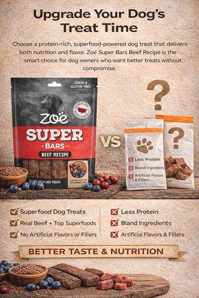 Zoe Super Bars Beef Recipe Dog Treats - Protein Packed Snacks with Berries and Flax Grain Gluten Free 32 oz Bag Big of Made The Finest Ingredients, 2 Pound (Pack 1)