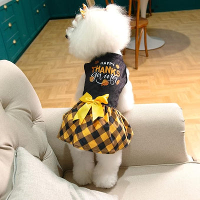 CuteBone Happy Thanksgiving Day Dog Fall Dress Costume Velvet for Small Dogs Girl Puppy Dresses Yellow Plaid Dog Clothes