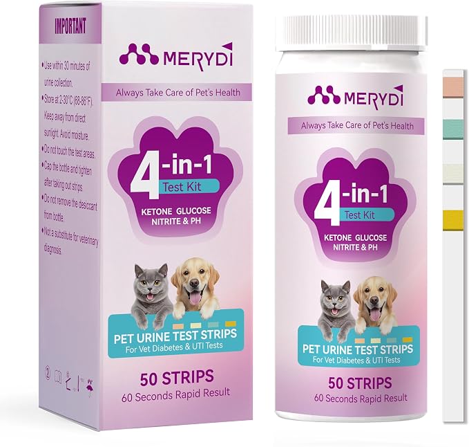 Dog & Cat Urine Test Strips, 4-in-1 Pet Urinalysis Testing Kit for Ketone, Glucose, pH and Nitrite, Reagent Strips for Vet Diabetes,UTI Monitor, 50ct Urine Test Kit Easy to Use at Home