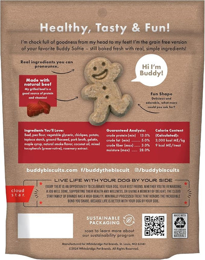 Buddy Biscuits Softies 5 oz Pouch, Grain-Free Soft & Chewy, Natural Grilled Beef Flavor Dog Treats, Oven Baked in the USA