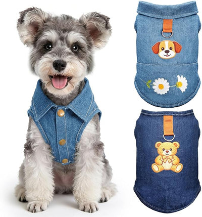 2 Pack Dog T-Shirts for Small Dogs, Soft Breathable Cotton Denim Dog Vest with D-Ring & Cute Bear Daisy Print, Puppy Clothes Outfits for Chihuahua Yorkie Shih Tzu