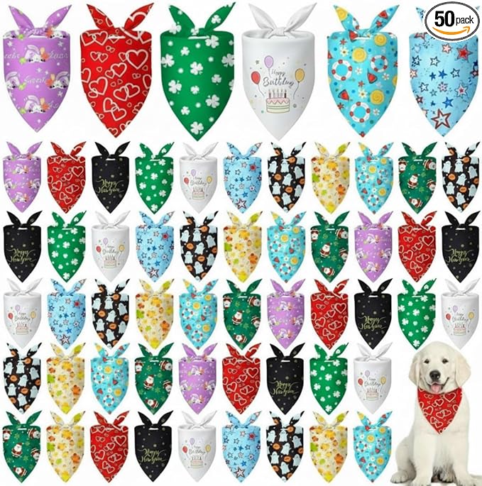 50 Pcs Holiday Dog Bandanas Bulk for Valentine's & St. Patrick's Day, Easter Happy Birthday Summer Soft Bibs Adjustable Triangle Bandana for Small Medium Large (25.6 x 17.7 x 17.7 Inch)