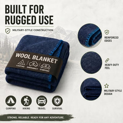 Wool Camping Blanket – 70% Wool Heavy-Duty Military Style Throw, Warm & Washable, Fire Retardant Cover for Emergency, Survival & Outdoor Use – Perfect for Camping, Car, Home & Hiking, Navy 66x90