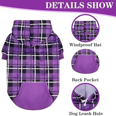 EXPAWLORER Plaid Dog Hoodie - British Style Warm Dog Sweater Shirt with Leash Hole,Pitbull Clothes Outfits,Winter Coat Apparel for All Breeds Puppy Girl Boy-Cat Apparel,Purple Small