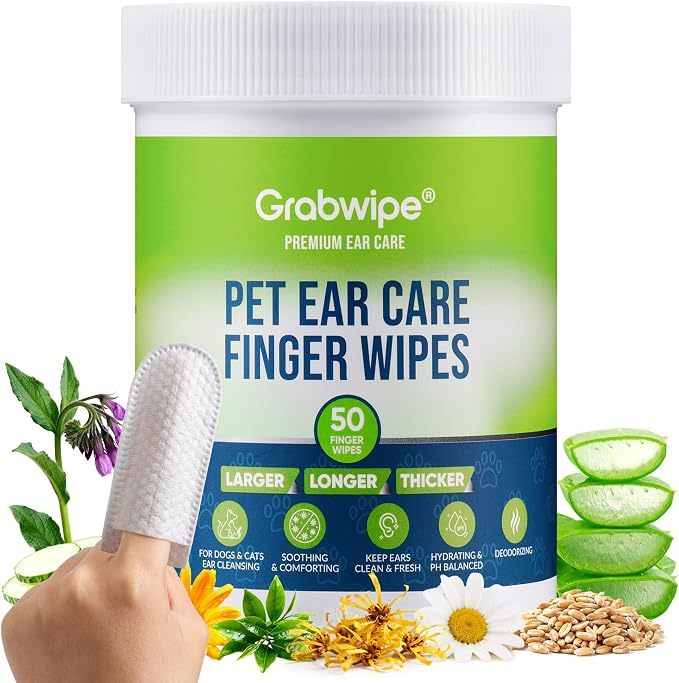 Dog Ear Wipes – Finger Design Ear Cleaner for Dogs & Cats, Made with 8 Botanical Extracts, No Rinse, Gentle Easy Cleaning & Deodorizing, Calm Irritation, Fragrance Free, Large Easy Fit,50 Ct