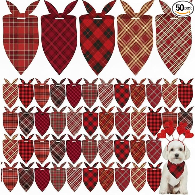 50 Pcs Valentine's Day Red Plaid Dog Bandanas Bulk for Dogs Soft Bibs Adjustable Triangle Bandana for Small Medium Large Pet Costume(25.6 x 17.7 x 17.7 Inch)