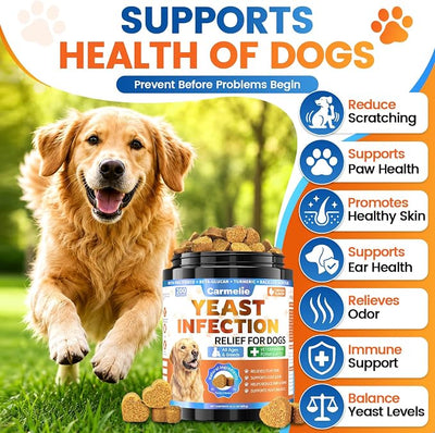 Yeast Infection Treatment for Dogs, 200 Chew Carmelie Yeast Balance Healthy Itch Relief, Ear Paw Care for Dog, Allergy Supports, Inflammation Relief for Dogs, Chinken Flavor (70 Days Supply)