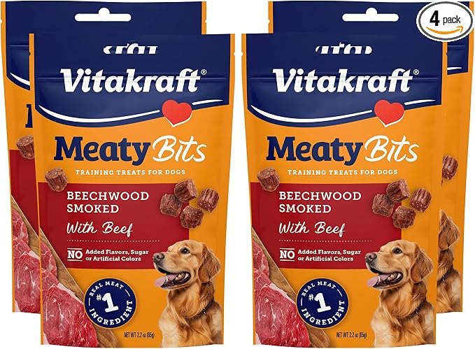 MeatyBits Beef, Training Treats for Dogs, Naturally Smoked, Real Meat #1 Ingredient, No Added Sugar, No Artificial Flavors or Colors, Soft Dog Treats, Bag, 2.2 oz, 4 Count
