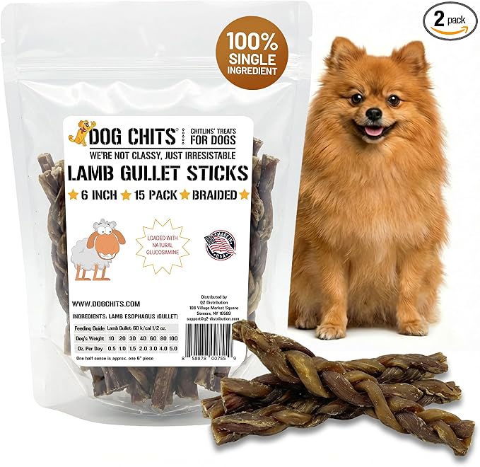 Dog Chits Lamb Esophagus Chews for Dogs & Puppies - Natural Single Ingredient - High Protein, Low Fat Lamb Chew - Long Lasting, Easily Digestible - Great for Joint - Dental Clean Crunch - 6inch, 15pck