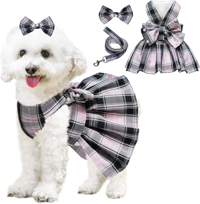 Dog Dress Bowknot Harness Leash Set for Small Dogs Girl Cute Plaid Dog Dress Pearls Bow Tie Spring Summer Princess Clothes Birthday Holiday Doggie Outfits for Puppy Cats Girl Apparel (Black, Large)