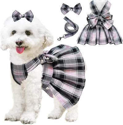 Dog Dress Bowknot Harness Leash Set for Small Dogs Girl Cute Plaid Dog Dress Pearls Bow Tie Spring Summer Princess Clothes Birthday Holiday Doggie Outfits for Puppy Cats Girl Apparel (Black, Large)