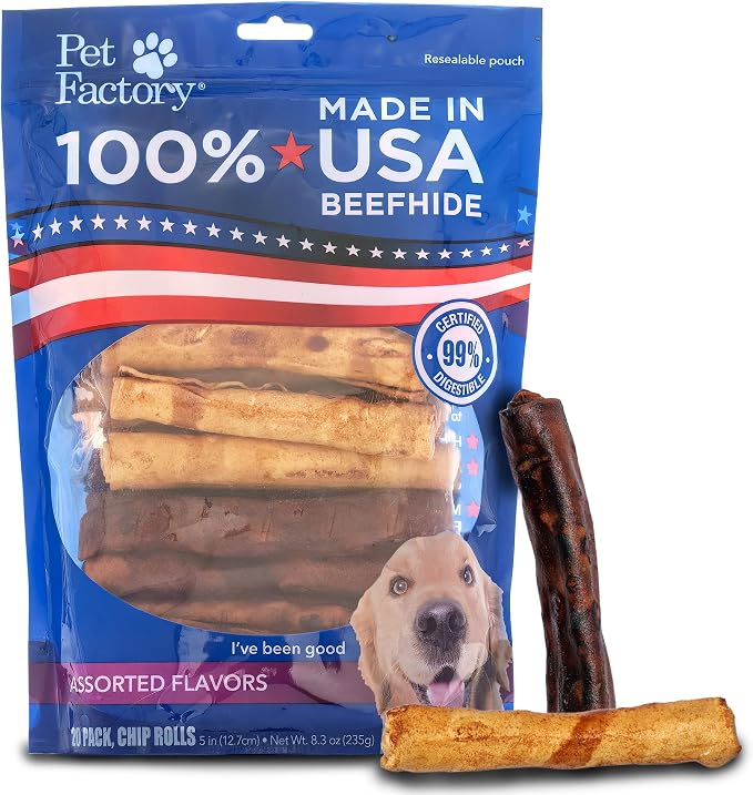 100% Made in USA Beefhide 5" Chip Rolls Dog Chew Treats - Beef & Chicken Flavor, 20 Count/1 Pack