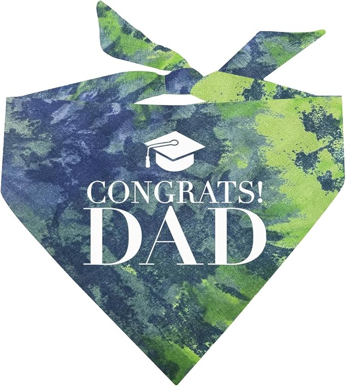 Congrats Dad Dog Bandana | 100% Cotton Tie Dye Triangle | Made in USA | Graduation | College | Senior Year | Family Support | Class of | One Size | Green/Blue Scrunch (420)