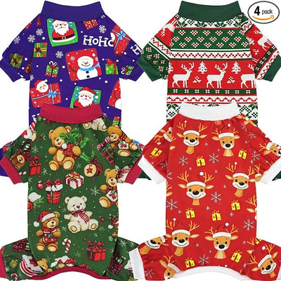 Xpudac 4 Pack Dog Christmas Pajamas Reindeer Puppy Clothes Cute Santa Claus Dog Pajamas Costumes Outfit Red Green 2XL