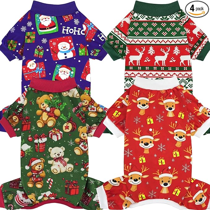 4 Pack Dog Christmas Pajamas Reindeer Puppy Clothes Cute Santa Claus Dog Pajamas Costumes Outfit Red Green 2XL