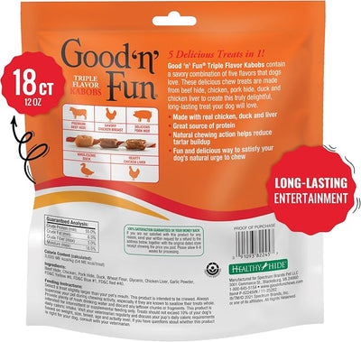 Good N Fun Triple Flavor Kabobs Chews for All Dogs, Treat Your Dog to Chews Made from Beef Hide, Real Chicken, Pork Hide, Duck and Chicken Liver, 18 Count (Pack of 2)
