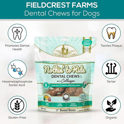Fieldcrest Farms Dental Chews for Dogs, Wave (5inches, 6count Pack) – Tackles Plaque, Tartar, Promotes Dental Health – w/Collagen, Gluten-Free, for Aggressive Chewers up to 25 lbs