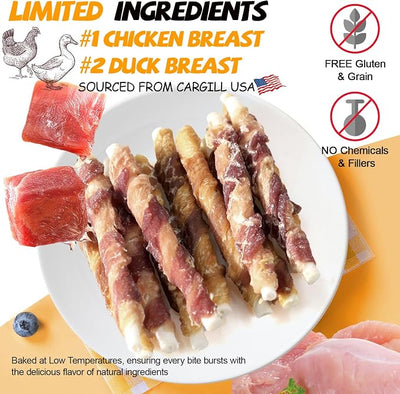 Dog Treats, Chicken and Duck Wrapped Rawhide Sticks, Long Lasting Dog Chews, Grain Free High Protein Dental, Teeth Cleaning Training Treats for Small Medium Large Dogs 20 Count 10.6 Oz