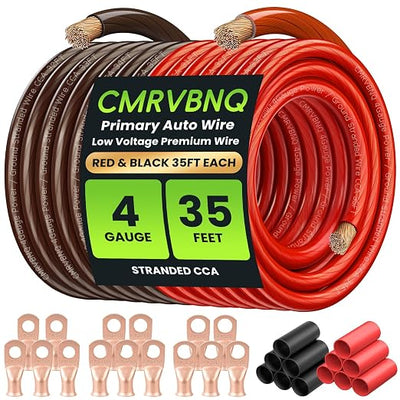 4 Gauge Battery Cable CCA Wire Kit, 35FT Each Red Black with Terminals Heat Shrink Tubes Low Voltage Primary Automotive Power Ground Cable for Car Audio Amp Subwoofer RV Wiring