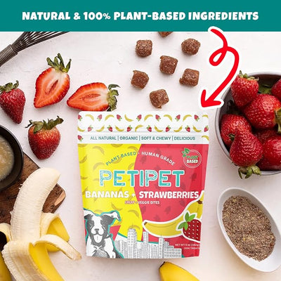PETIPET Bananas+Strawberries Plant-Based Fruit Dog Treats - Strawberry, Apple, Banana Soft & Chewy Treats - Healthy, Vegetarian, Vegan - Organic Ingredients, Low-Protein, Hypoallergenic, Gluten-Free