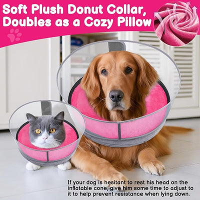 BARKLESS Dog Donut Collar, 2-in-1 Inflatable Dog Collars for After Surgery to Stop Licking Wounds, Patented Protective Donut Cone with High Shield for Small and Medium Pets (Hot Pink, M)