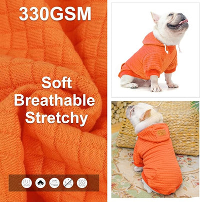BEAUTYZOO Small Dog Hoodie Sweater with Pockets, Dog Clothes for Small Medium Dogs Boy Girl, Waffle-Like Laminated Cotton Pet Coats with Hat and Leash Hole, Orange M