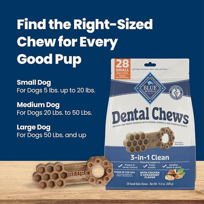 Blue Buffalo Natural Dental Chews for Small Dogs 5-20 lbs., Chicken & Spearmint, Daily Teeth Cleaning Dog Treats, Enhanced with Vitamins & Minerals, 11.3-oz. Bag (28 Treat Count)