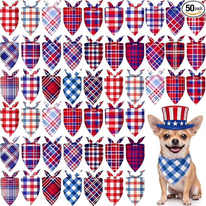 50 Pcs 4th of July Plaid Dog Bandanas Bulk Red White Blue Gingham Bandana for Dogs Triangle Kerchief Bib Scarf for Pet Independence Day 250th Anniversary Patriotic Party Costume, 25 Styles