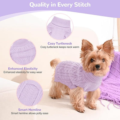 Dog Sweater 2 Pack for Small Dogs, Size S, Pink & Purple | Stretchy cable knit turtleneck, machine washable, high belly cut, comfy winter fit for Chihuahua, Maltese