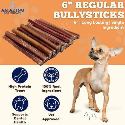 Amazing Dog Treats - 6 Inch Medium Size Bully Sticks (10 Count) - Bulk Bully Sticks for Dogs - No Hide Bully Stick Dog Bones