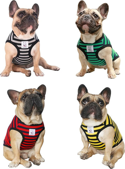 iChoue 4pcs French Bulldog Striped Shirts 100% Breathable Cotton Tank Tops Vests Clothes for Frenchie Dogs, Black Green Red Yellow, Large