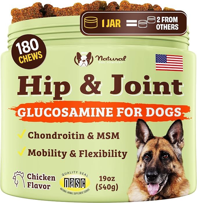 Hip & Joint Chews for Dogs with Glucosamine for Dogs + Chondroitin, MSM & Turmeric, Supports Mobility & Reduces Discomfort, Stiffness, Natural Pain Relief Joint Supplement. 180 Ct