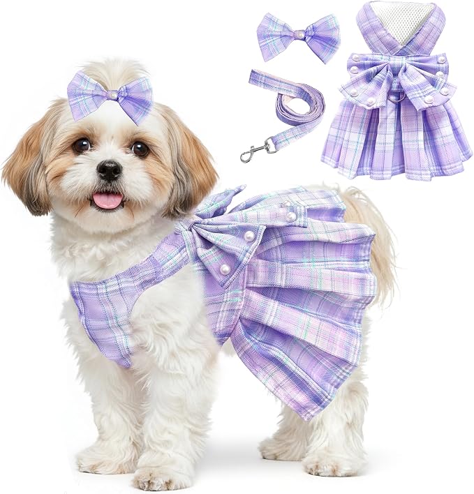 Dog Dress Bowknot Harness Leash Set for Small Dogs Girl Cute Plaid Dog Dress Pearls Bow Tie Spring Summer Princess Clothes Birthday Holiday Doggie Outfits for Puppy Cats Girl (Purple, Small)