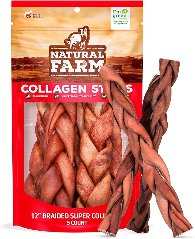 Odor-Free Super Braided Collagen Dog Chews (12-Inch, 5-Pack) First Ever Real Bull Sticks Alternative: 100% Natural Angus Hide Collagen Treats - More Protein, More Chew Time for All Dogs