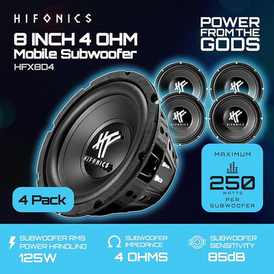 Hifonics 4 Pack HFX8D4 8" Round Subwoofer, 250 Watt Max 125 Watt RMS Single Speaker for Cars and Vehicles, 4 Ohm, Heavy Gauge and Powder Coated, Black