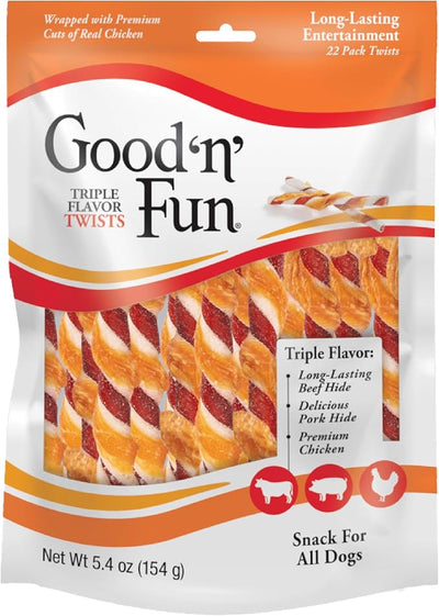 Good 'n' Fun Twists Long-Lasting Dog Treat, With Real Proteins, Beef Hide and Premium Chicken, Supports Dental Health, Mental Stimulation, 22 count