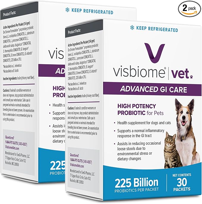 Vet Advanced GI Care High Potency Probiotic for Dogs & Cats – 225B CFU, 8-Strain Formula – Refrigerated, Veterinarian Recommended, Clean Label Certified – 60 Packets