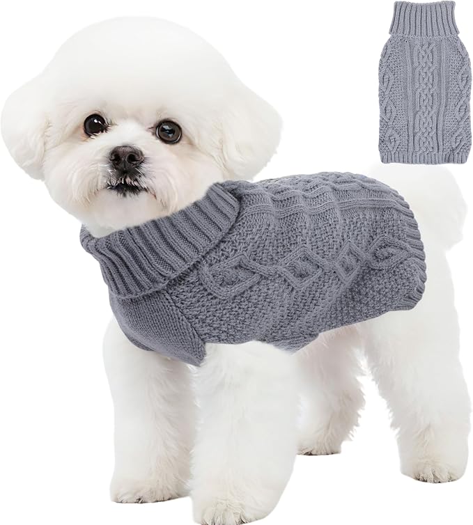 Dog Sweaters for Small Dogs Winter Dog Clothes Turtleneck Knit Puppy Sweater Warm Chihuahua Clothes Cat Sweater Frenchie Doggy Pullover Outfit with Twisted Design(Grey, X-Small)