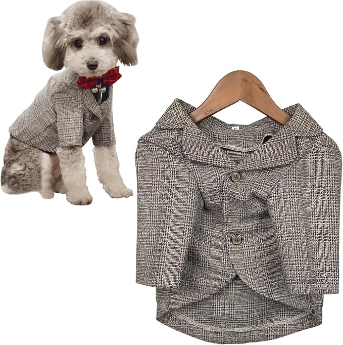 Dog Clothes Pet Plaid Suit Dog Tuxedo Costumes, Formal Gentleman Apparel Vest, Wedding Party Birthday Wear French Bulldog Pug Teddy Terrier (M, Brown Coat)