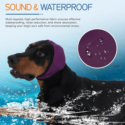Dog Ear Muffs & Swim Cap and No Shake Ear Wrap for Bathing, Hematoma, Drying & Noise Anxiety Relief - Elastic Waterproof Ear Protection with Calming Hoodie for Grooming