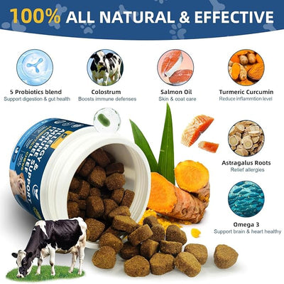 Dogs Allergy Relief Chews, Dog Probiotics for Skin & Immune Support Helps Relieve Itchy Skin & Ear, Dog Allergy Supplement for Paw Licking, Itching Skin Relief with Colostrum, Fish Oil